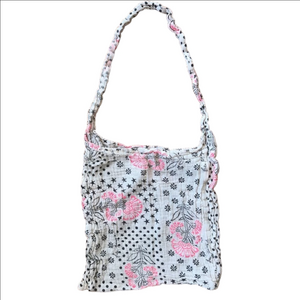 Free People white with pink flower and black polka dot tote bag